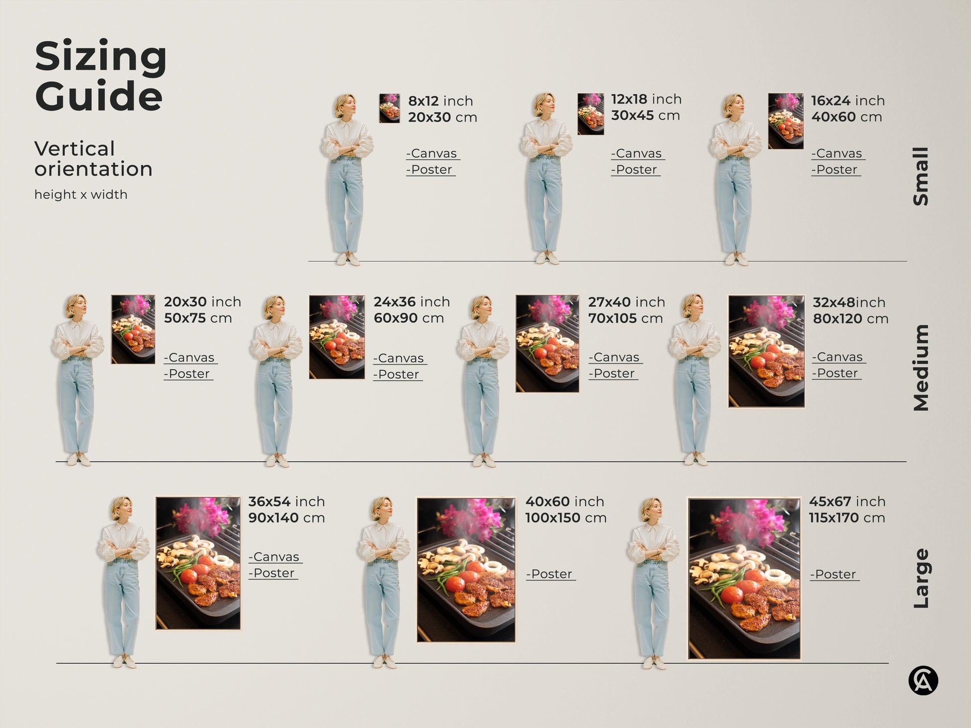Explore sizing options for grilling food art. Vertical canvas and poster prints are available in small medium and large sizes. Find the perfect fit for your space. Contemporary kitchen wall art that brings a touch of modern flair. Ideal home decor for food lovers.