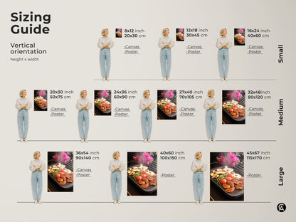 Explore sizing options for grilling food art. Vertical canvas and poster prints are available in small medium and large sizes. Find the perfect fit for your space. Contemporary kitchen wall art that brings a touch of modern flair. Ideal home decor for food lovers.