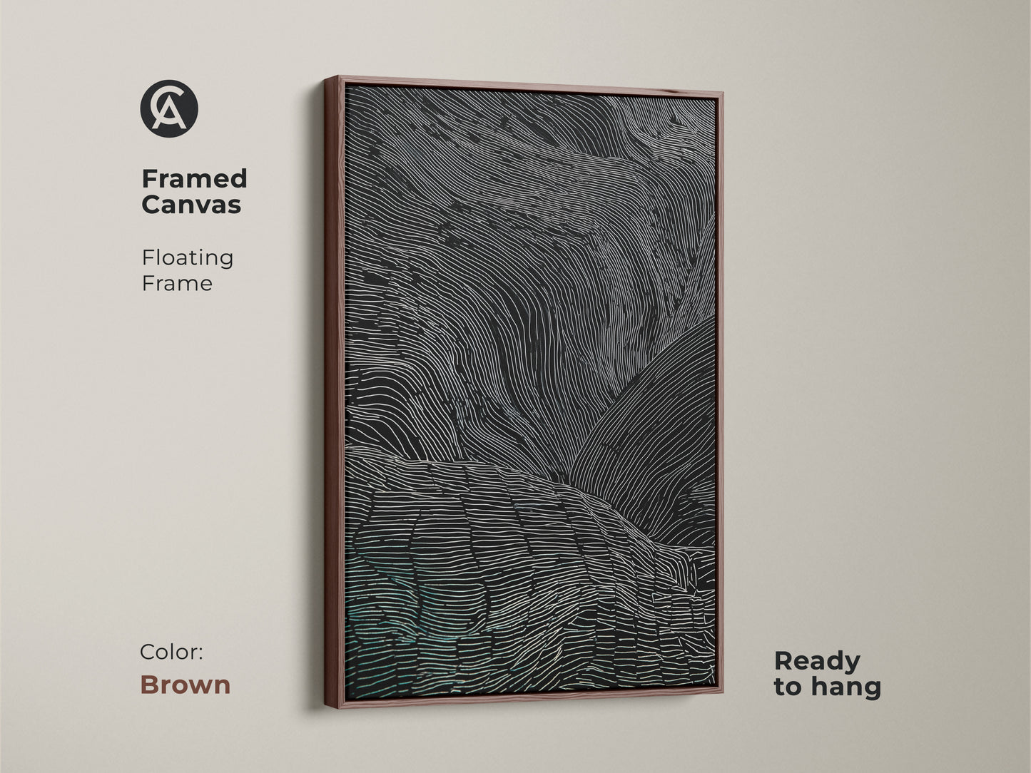 The framed canvas art has a brown floating frame. It features abstract wavy lines in black white and teal. This modern artwork is ready to hang and adds a touch of sophistication. It's a great housewarming gift.