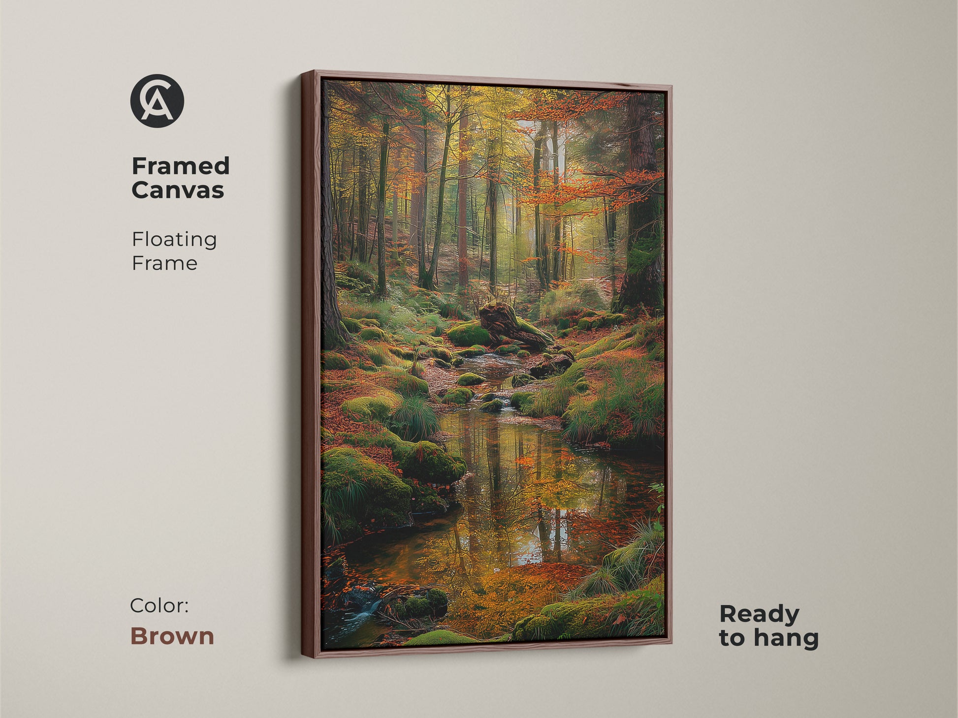 Brown framed canvas art of a forest stream. Features a floating frame and is ready to hang. The warm tones of the frame complement the serene forest scene. Add a touch of rustic elegance to any room with this artwork.