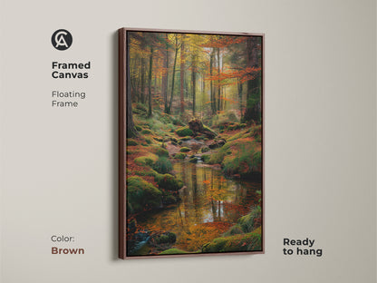 Brown framed canvas art of a forest stream. Features a floating frame and is ready to hang. The warm tones of the frame complement the serene forest scene. Add a touch of rustic elegance to any room with this artwork.