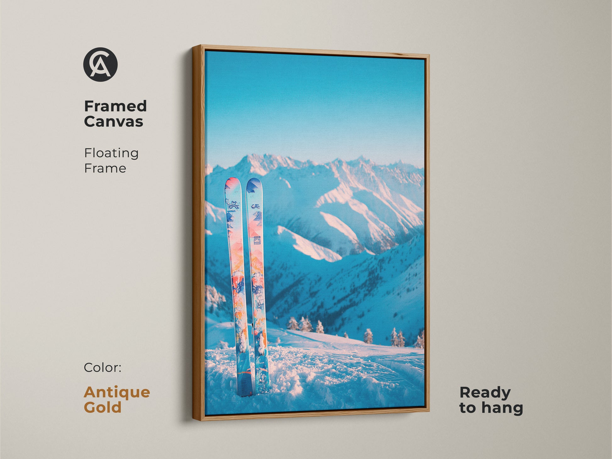 Antique gold framed canvas art print of a winter mountain landscape. A pair of skis are placed in the snow. The floating frame adds a vintage touch to this piece. Ready to hang this artwork brings warmth and elegance to your space. It's ideal for classic decor.