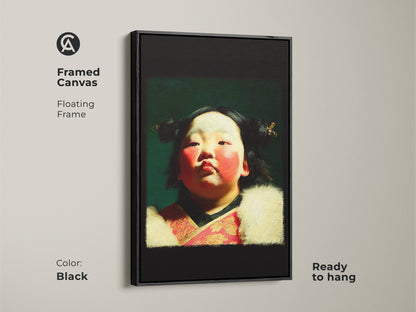 Framed canvas in black of a cultural child portrait oil painting style art print. The artwork features a child in traditional attire with red and gold accents. Ready to hang. This home residential art is a unique gift.