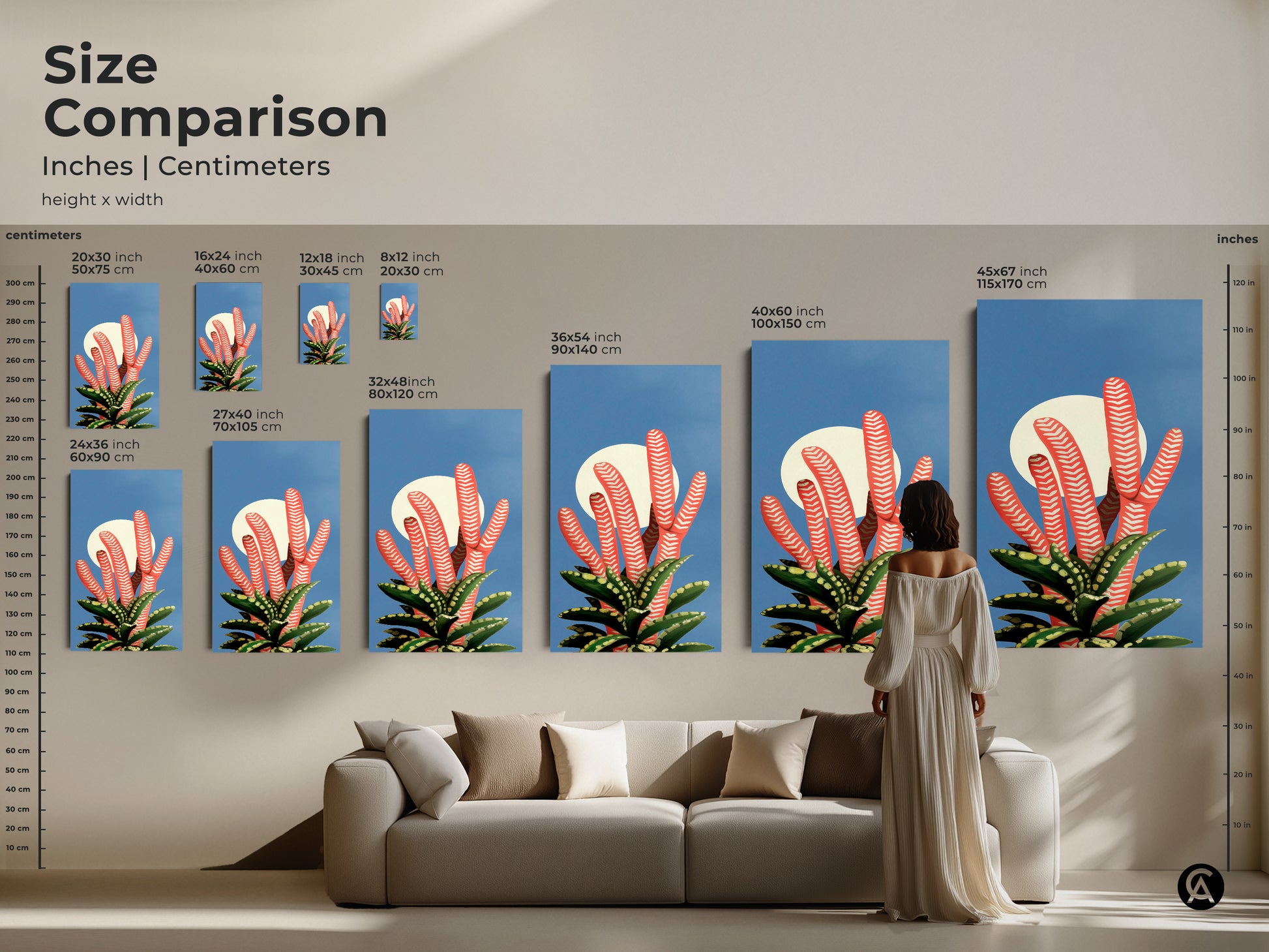 Size Comparison of Botanical Art Prints in inches and centimeters. Visualize how each size enhances your living space. Ranging from small to large the scale helps you choose the perfect piece for your decor. See how it looks above a sofa.