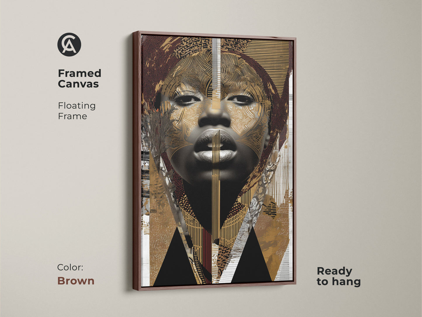 Framed canvas featuring an abstract woman portrait. This brown gold tribal art print is modern eclectic wall art. It is ready to hang and has a floating frame for sophisticated look.