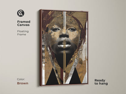 Framed canvas featuring an abstract woman portrait. This brown gold tribal art print is modern eclectic wall art. It is ready to hang and has a floating frame for sophisticated look.