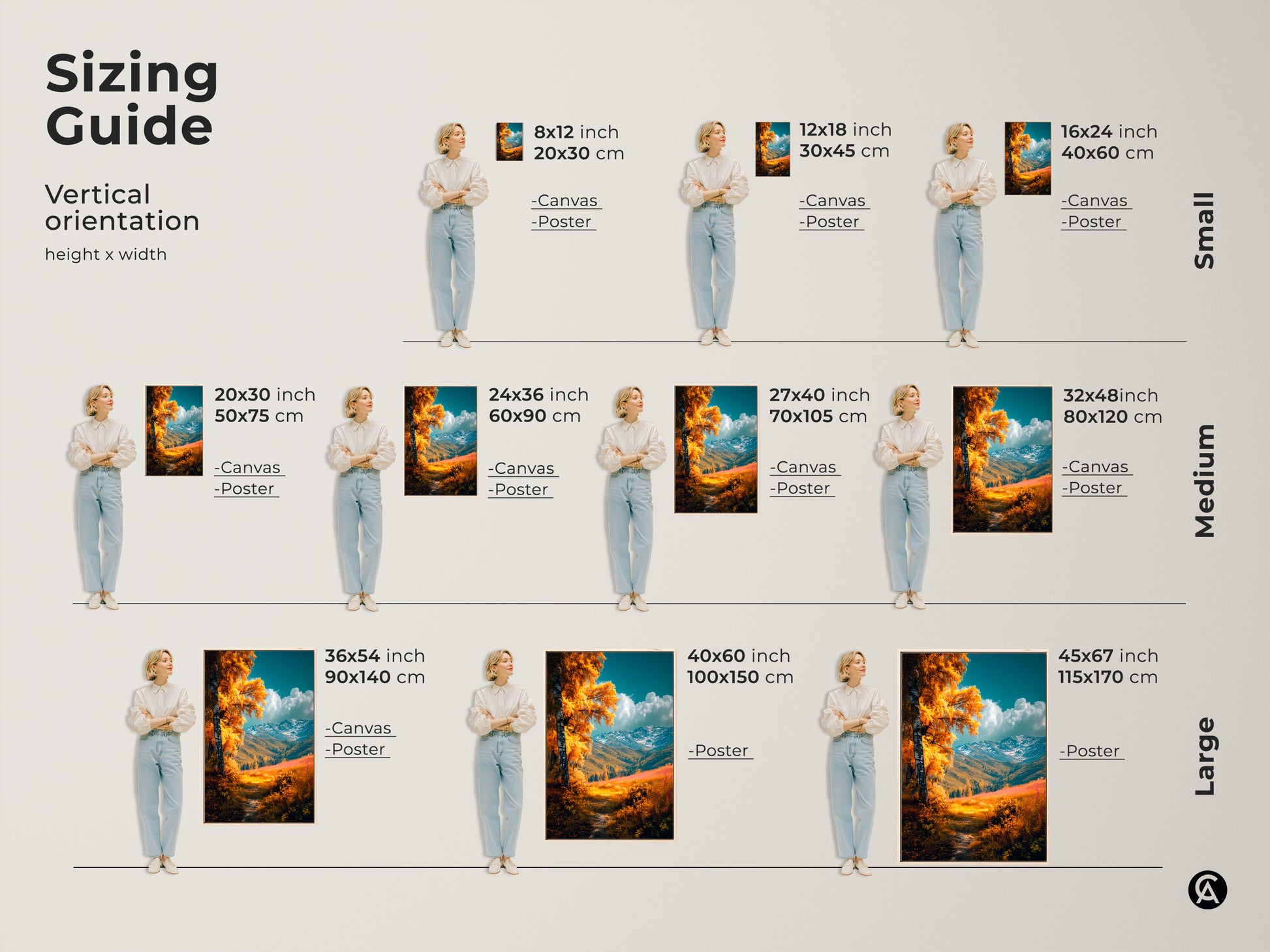 Discover the perfect size for your golden autumn landscape art. Vertical orientation options range from small to large. Visualize how the canvas or poster will look in your space. Sizes are available in both inches and centimeters for easy planning.