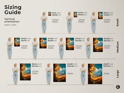 Discover the perfect size for your golden autumn landscape art. Vertical orientation options range from small to large. Visualize how the canvas or poster will look in your space. Sizes are available in both inches and centimeters for easy planning.