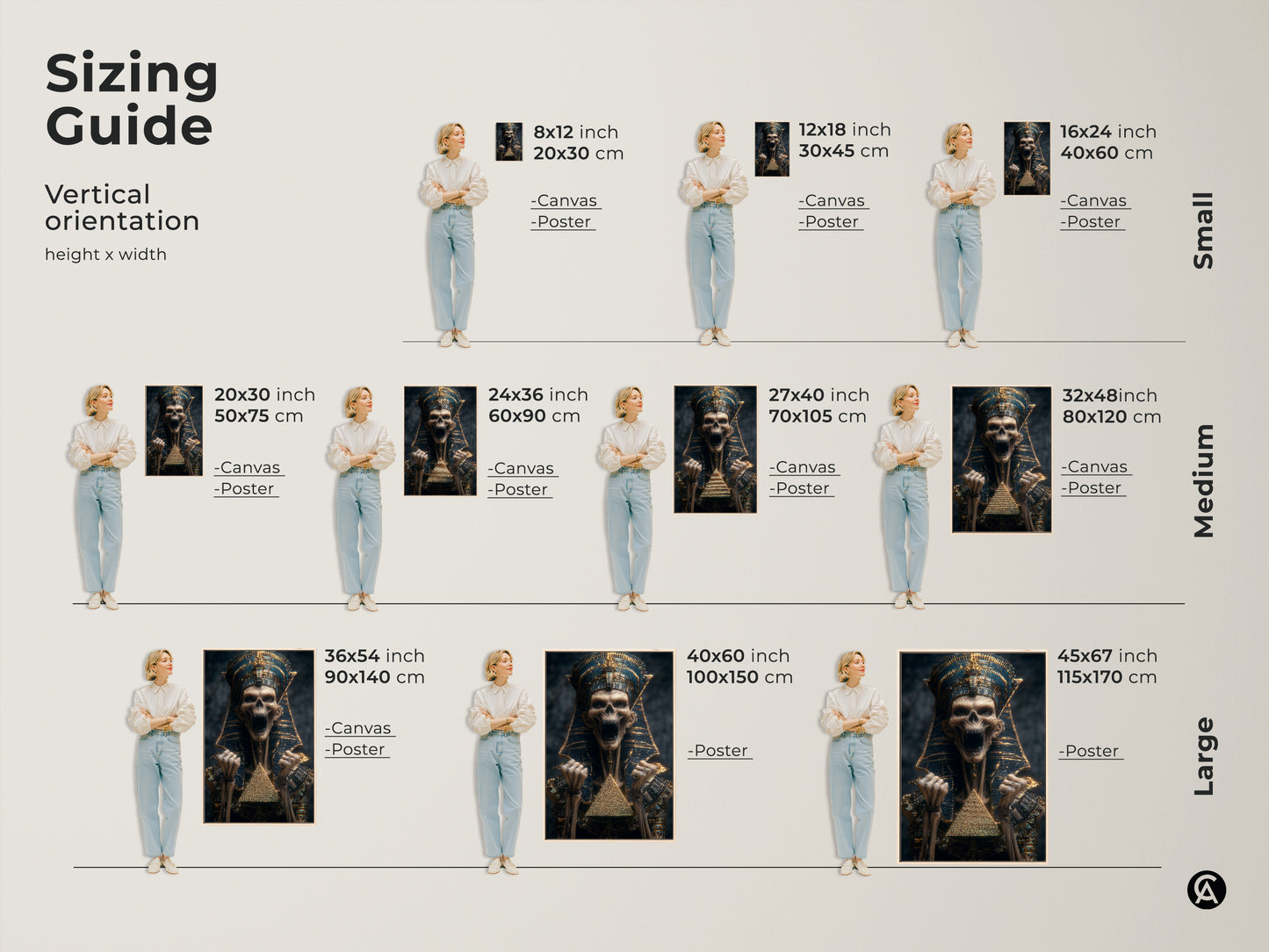 Sizing guide shows a vertical orientation. Find the perfect size canvas or poster. Artwork sizes range from small to large. Egyptian pharaoh skeleton in gold & blue gothic artwork is a bold statement.