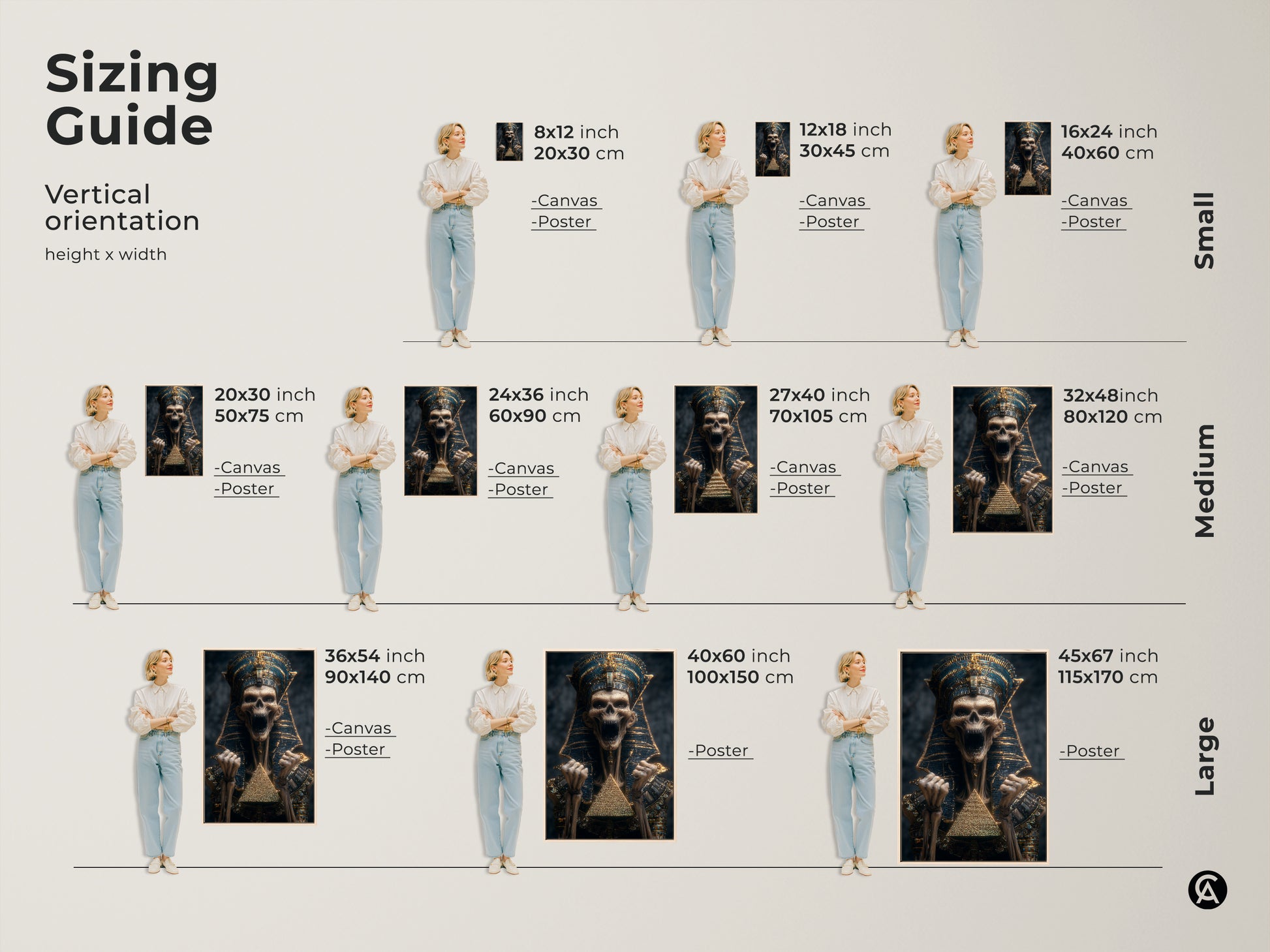 Sizing guide shows a vertical orientation. Find the perfect size canvas or poster. Artwork sizes range from small to large. Egyptian pharaoh skeleton in gold & blue gothic artwork is a bold statement.