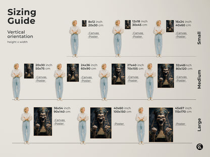 Sizing guide shows a vertical orientation. Find the perfect size canvas or poster. Artwork sizes range from small to large. Egyptian pharaoh skeleton in gold & blue gothic artwork is a bold statement.