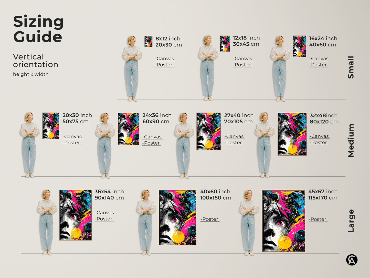 Sizing guide for abstract portrait wall art. Visualize vertical orientation options. Available in canvas and poster prints. Find the perfect fit for your space. Sizes range from small to large. The artwork is vibrant and modern. Add style to your home.