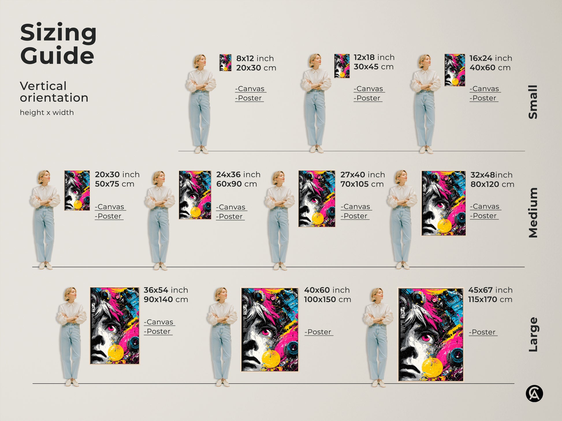 Sizing guide for abstract portrait wall art. Visualize vertical orientation options. Available in canvas and poster prints. Find the perfect fit for your space. Sizes range from small to large. The artwork is vibrant and modern. Add style to your home.