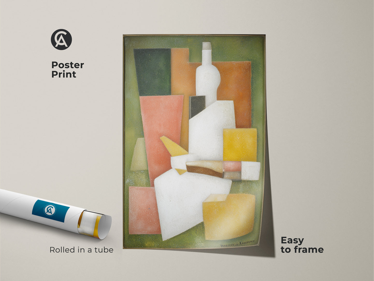 Poster print of a modern abstract art piece rolled in a tube. The geometric bottle canvas features green white and orange. This cubist still life wall art is easy to frame. It is ideal for art enthusiasts seeking contemporary decor.