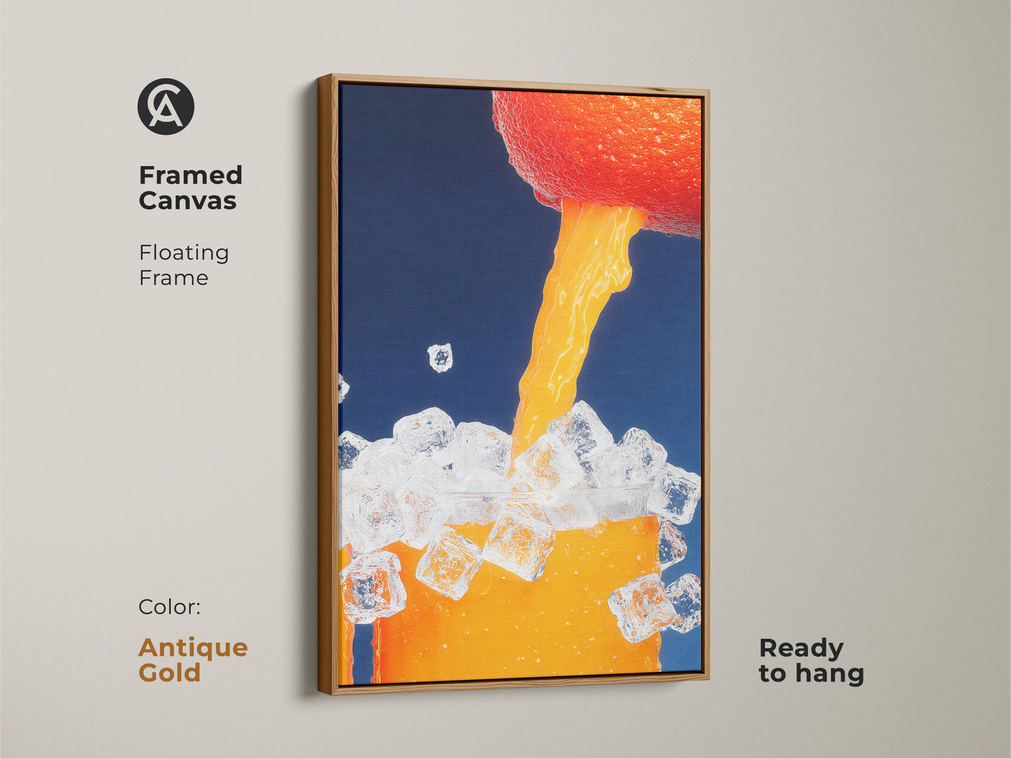 Framed canvas displays abstract orange juice art. The antique gold floating frame adds elegance. This contemporary artwork is ready to hang. Perfect for adding a touch of sophistication to your kitchen decor.