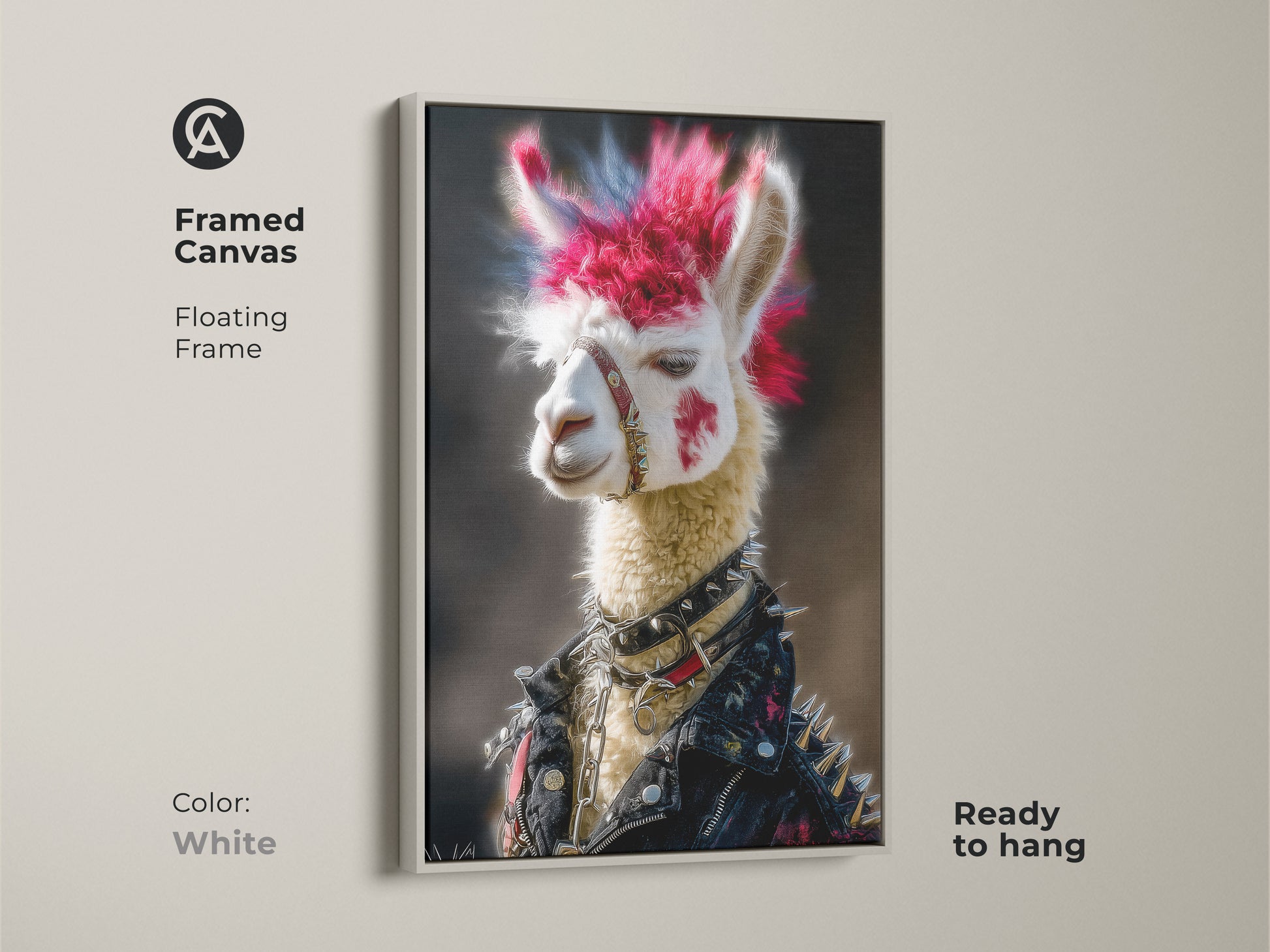 Framed canvas artwork showcasing a Punk Rocker Llama with a floating frame in white. This features a striking pink and blue mohawk. The studded leather jacket adds a bold statement to any alternative wall art collection.