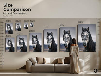 Size comparison of the black and white horse art. See how it complements living room decor. Canvas and poster options available. Rustic bedroom wall decor. Equestrian gift for her.
