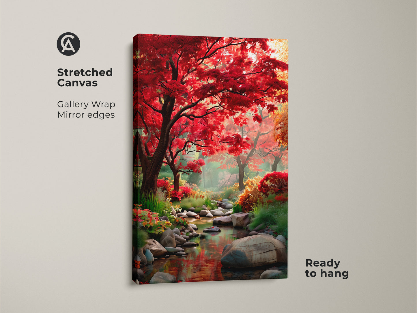 Stretched canvas artwork of a peaceful forest stream. The gallery wrap with mirrored edges enhances the vibrant red trees. Ready to hang this nature art adds elegance to any room. Explore this serene landscape painting for your home.