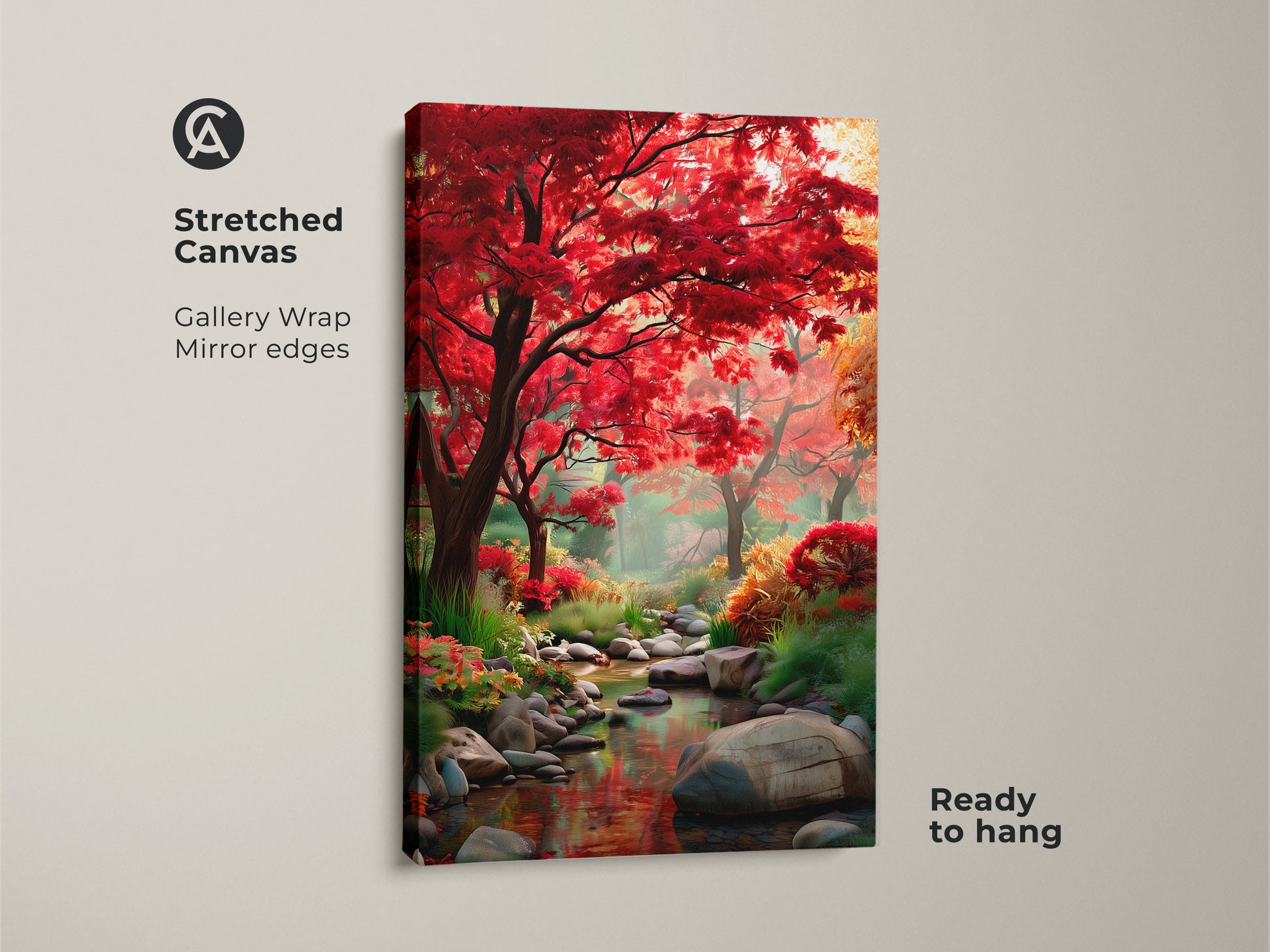 Stretched canvas artwork of a peaceful forest stream. The gallery wrap with mirrored edges enhances the vibrant red trees. Ready to hang this nature art adds elegance to any room. Explore this serene landscape painting for your home.