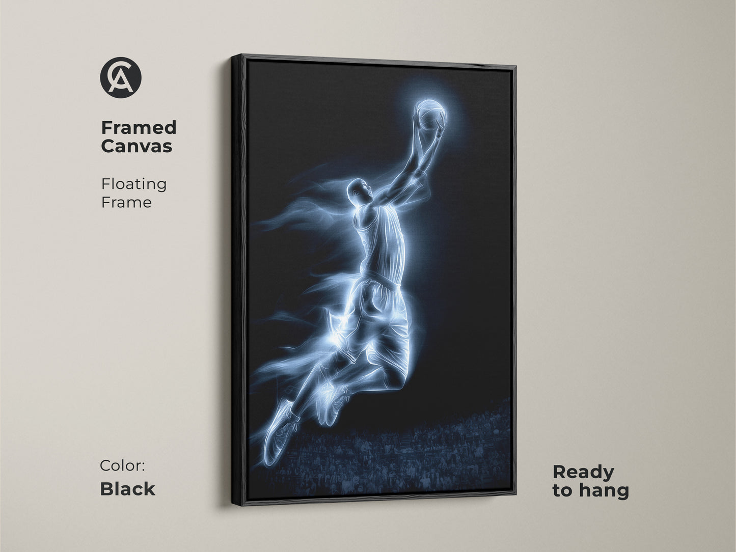 Framed canvas of a basketball player dunking. The canvas has a floating black frame. The artwork is ready to hang. This sports art looks great in any space. Buy it today
