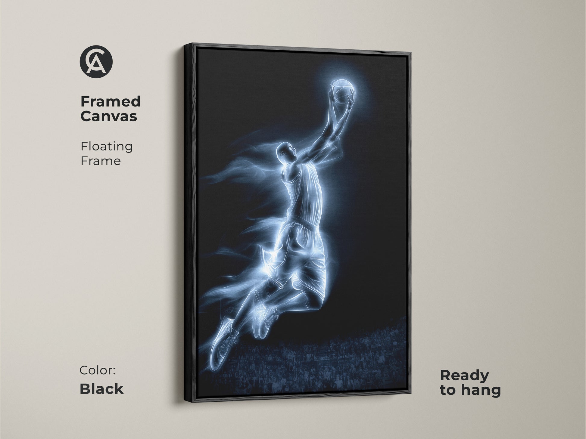 Framed canvas of a basketball player dunking. The canvas has a floating black frame. The artwork is ready to hang. This sports art looks great in any space. Buy it today