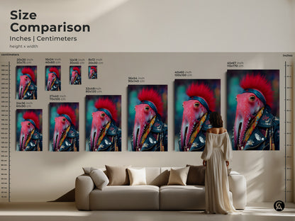 Size Comparison Chart for Punk Rocker Octopus Art. See inches and centimeters for various canvas and poster sizes. This eclectic piece transforms any living room or man cave.