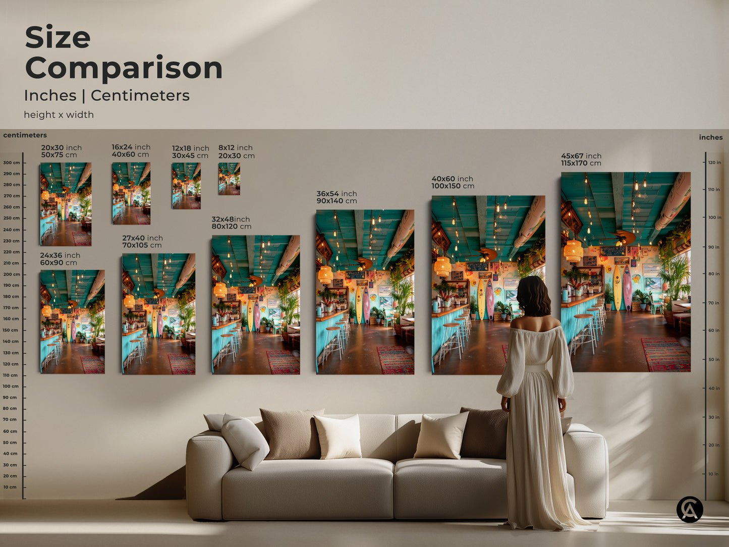 Compare sizes of this surf shack artwork in inches and centimeters. See how different dimensions fit above a couch. Visualize the impact of various sizes in your living space. Select the ideal size to complement your decor. This art brings a coastal and vibrant feel to any room.