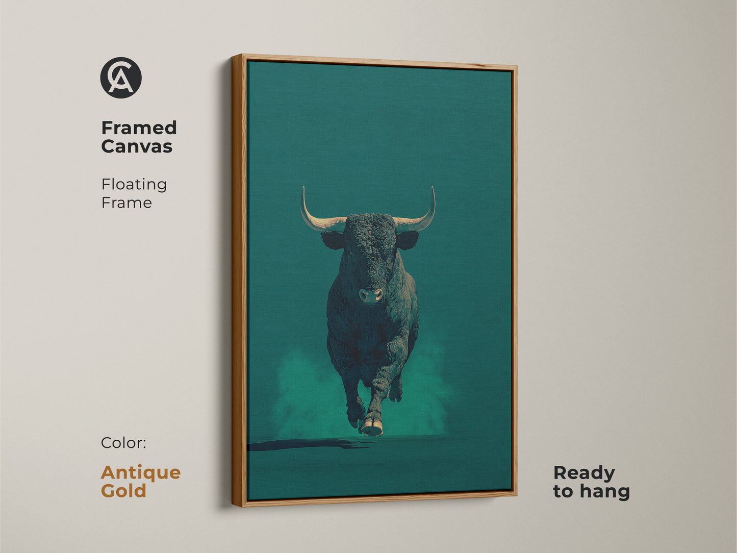 Framed canvas displaying a bull in dark teal with an antique gold floating frame. This modern animal artwork is ready to hang. An excellent gift for business owners. The frame adds a touch of elegance. It is ready to hang.