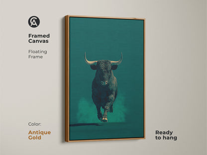 Framed canvas displaying a bull in dark teal with an antique gold floating frame. This modern animal artwork is ready to hang. An excellent gift for business owners. The frame adds a touch of elegance. It is ready to hang.