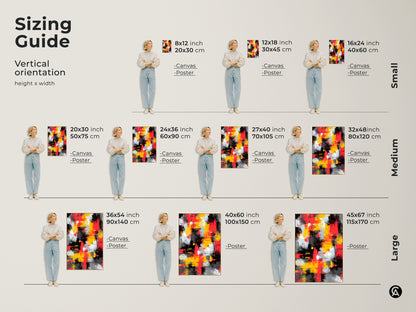 Sizing guide for vertical abstract art. The artwork is available in various sizes for canvas and poster prints. Each piece features a modern abstract pattern with red yellow black and white. Find the perfect size to complement your wall decor. Transform your space with art.