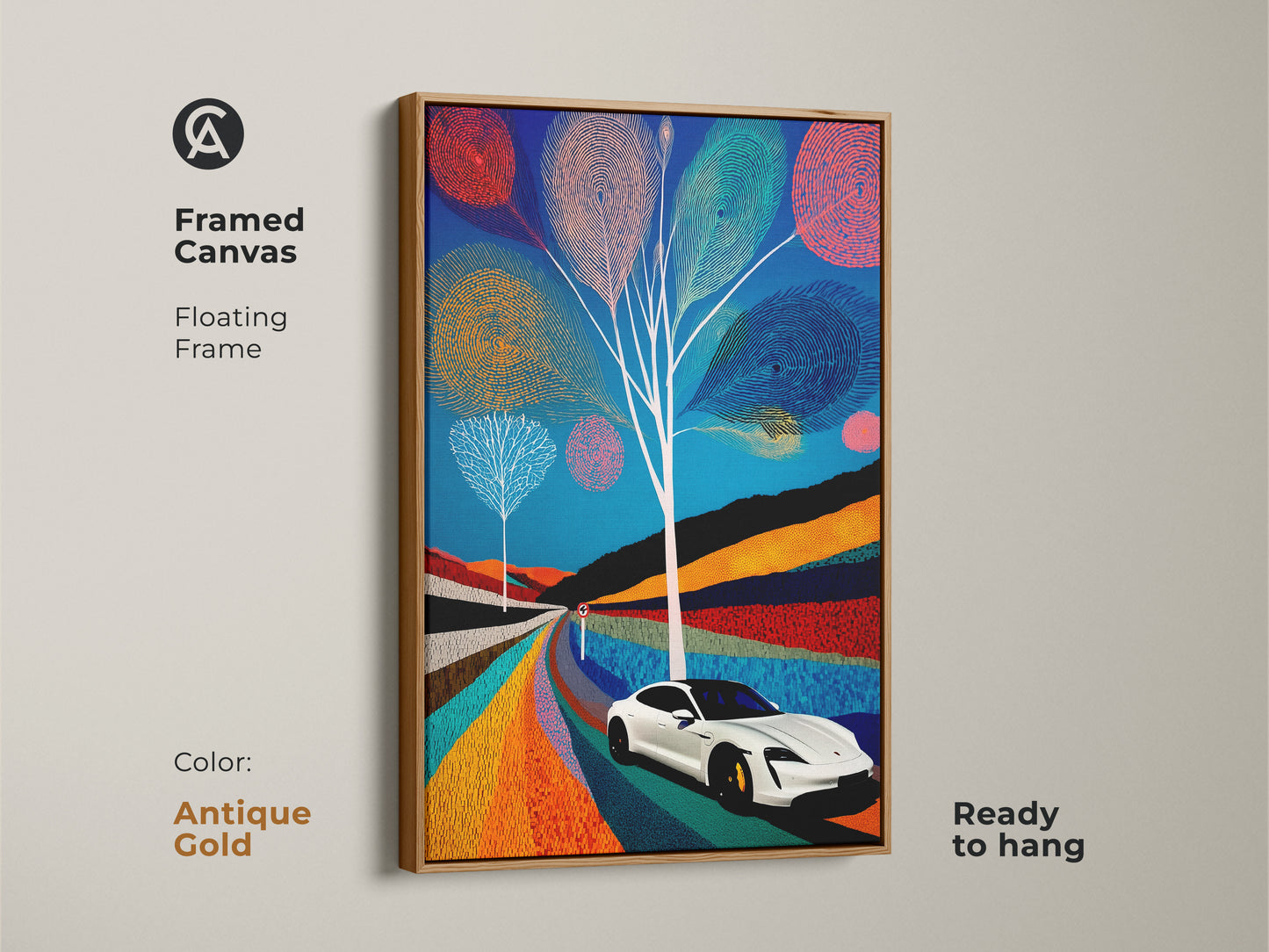 Framed electric car canvas art in antique gold with a floating frame that is ready to hang. The modern folk artwork showcases a blue teal orange abstract scenic painting. Perfect as unique office or home wall decor.