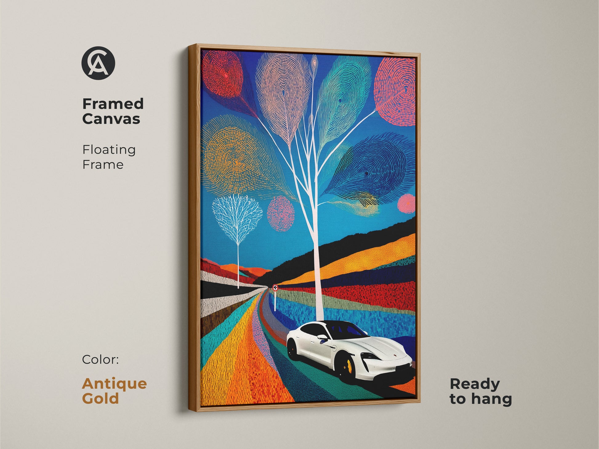 Framed electric car canvas art in antique gold with a floating frame that is ready to hang. The modern folk artwork showcases a blue teal orange abstract scenic painting. Perfect as unique office or home wall decor.