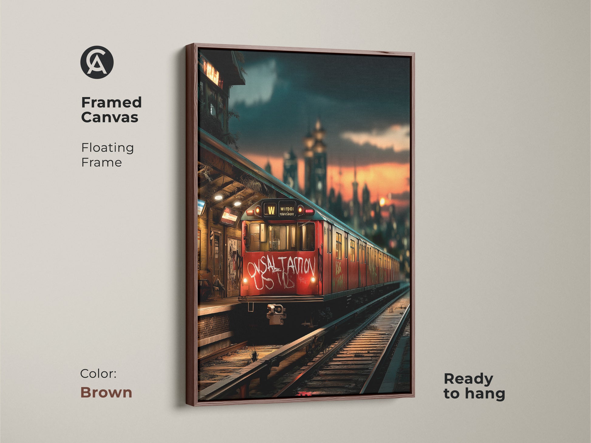 Framed canvas art of a red subway train graffiti art. The brown floating frame complements the urban cityscape canvas. This piece of industrial transportation wall decor is ready to hang. The metro station art is perfect as a New Year's gift for city dwellers.