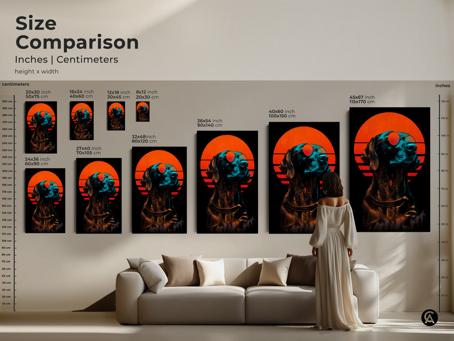 Size comparison of retro futuristic cityscape wall art. The inches centimeters are shown for height x width. A woman stands near a sofa to display the neon dog art print.