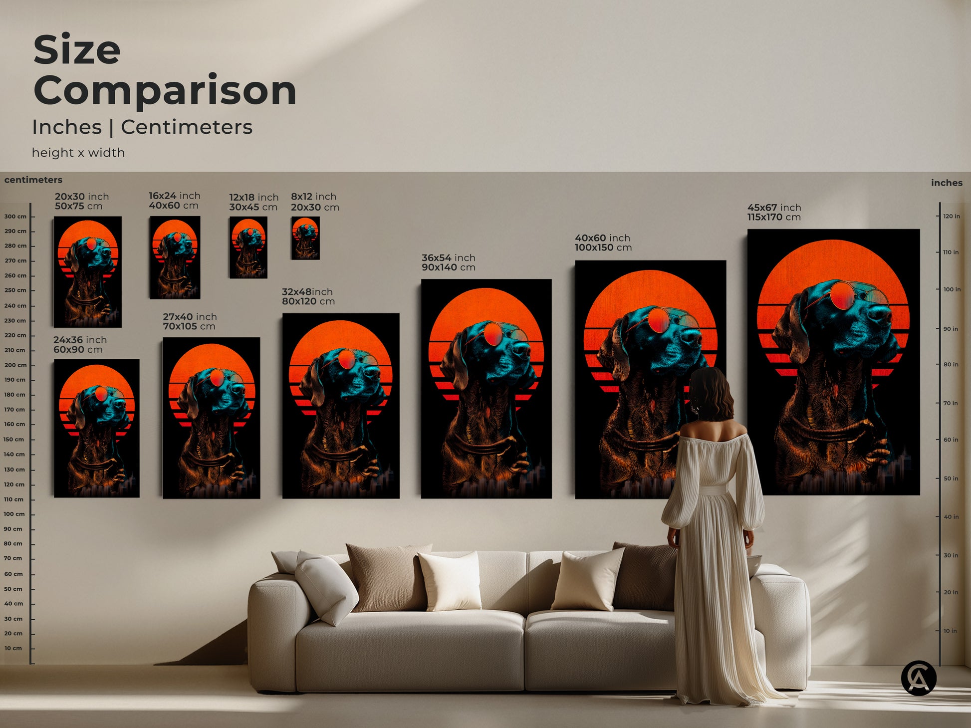 Size comparison of retro futuristic cityscape wall art. The inches centimeters are shown for height x width. A woman stands near a sofa to display the neon dog art print.