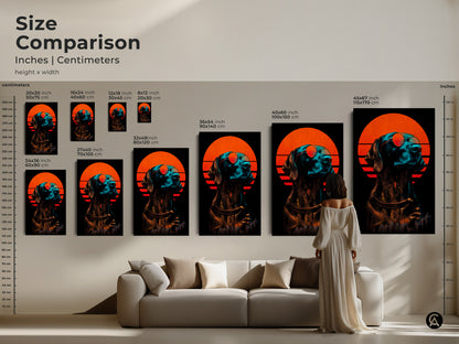 Size comparison of retro futuristic cityscape wall art. The inches centimeters are shown for height x width. A woman stands near a sofa to display the neon dog art print.