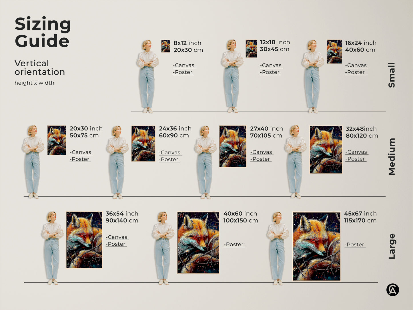 A sizing guide for the wildlife sleeping fox artwork is shown. Vertical orientation heights and widths are displayed. Small medium and large canvas and poster sizes are displayed. Find the size that fits your decor best today.