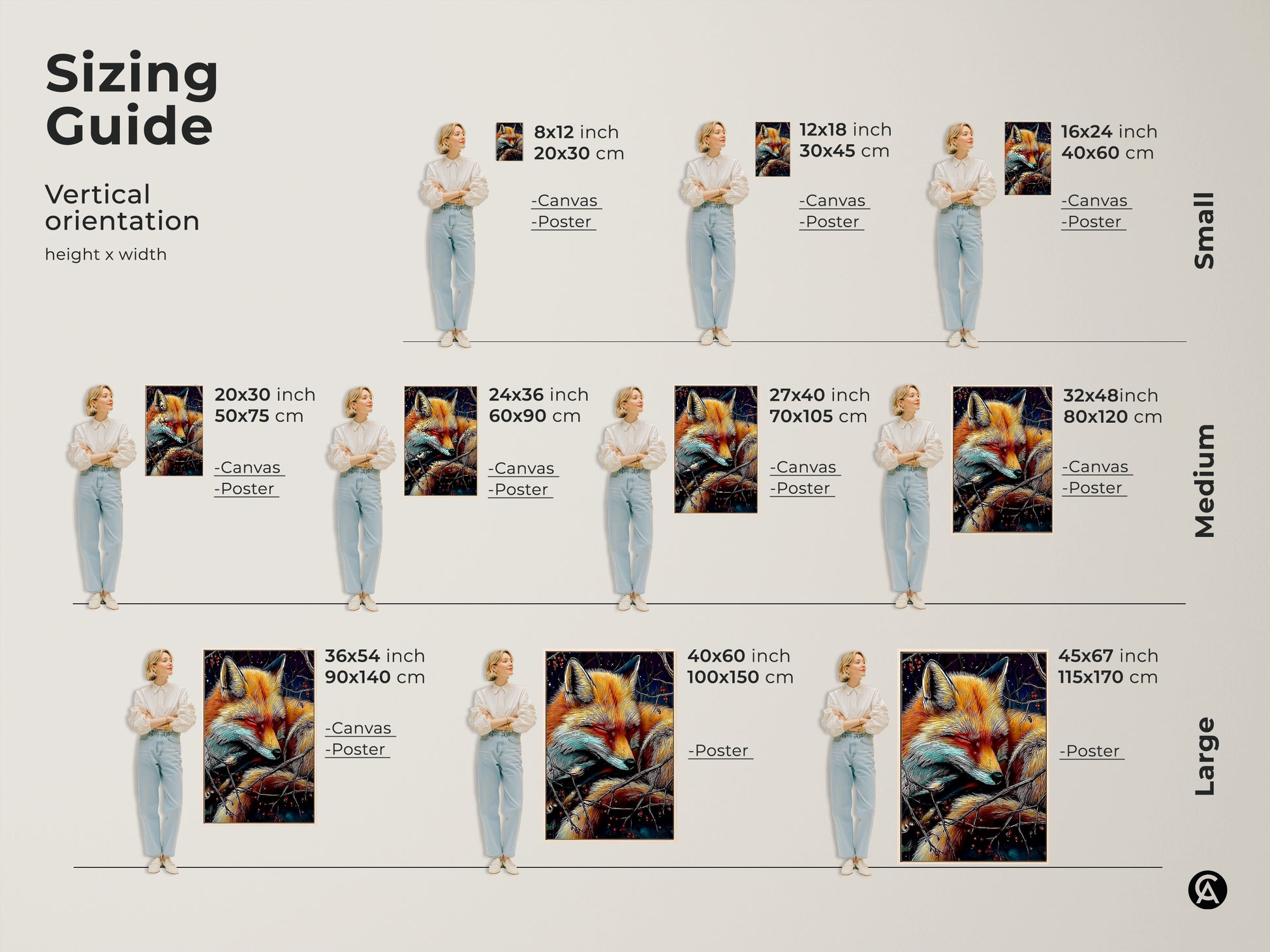 A sizing guide for the wildlife sleeping fox artwork is shown. Vertical orientation heights and widths are displayed. Small medium and large canvas and poster sizes are displayed. Find the size that fits your decor best today.