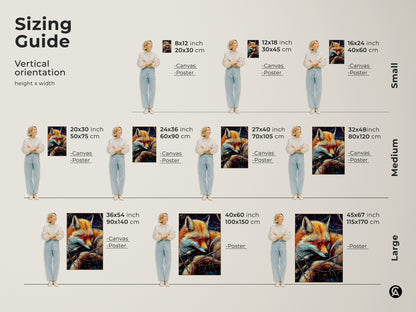 A sizing guide for the wildlife sleeping fox artwork is shown. Vertical orientation heights and widths are displayed. Small medium and large canvas and poster sizes are displayed. Find the size that fits your decor best today.