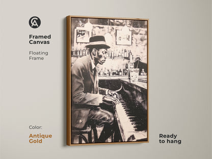 This framed canvas print features a floating frame in antique gold showcasing a man playing piano at a bar. Ready to hang this artwork adds musical elegance to any room. The antique gold frame enhances the monochrome art. Elevate your home decor with this stylish piano art print.