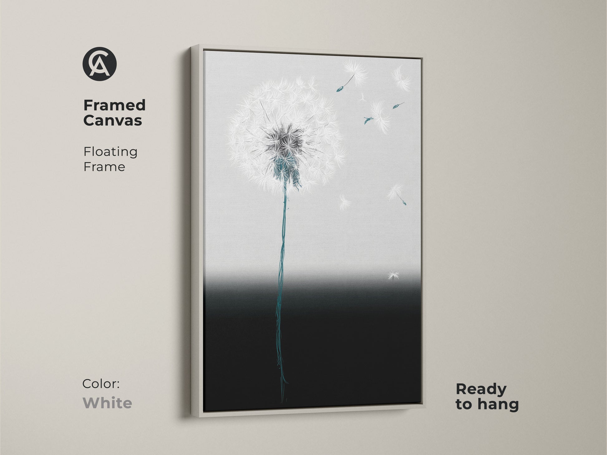 Framed canvas featuring minimalist dandelion art. White floating frame enhances the abstract botanical artwork. Teal and gray seeds create a calming effect. This contemporary art is ready to hang. It adds modern elegance to any space. The soft gradient complements any room.