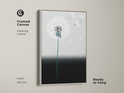 Framed canvas featuring minimalist dandelion art. White floating frame enhances the abstract botanical artwork. Teal and gray seeds create a calming effect. This contemporary art is ready to hang. It adds modern elegance to any space. The soft gradient complements any room.