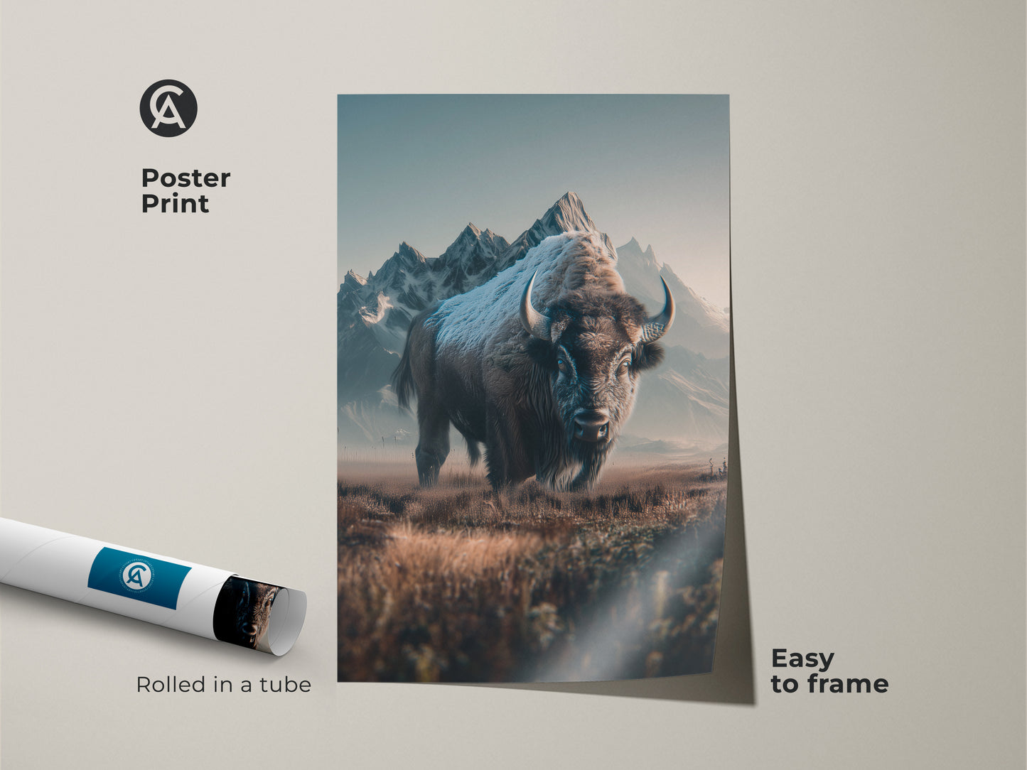 Poster print of a bison art piece. This museum-quality paper captures the stunning landscape art. Rolled in a tube for easy framing this bison poster brings a touch of wildlife to your walls.