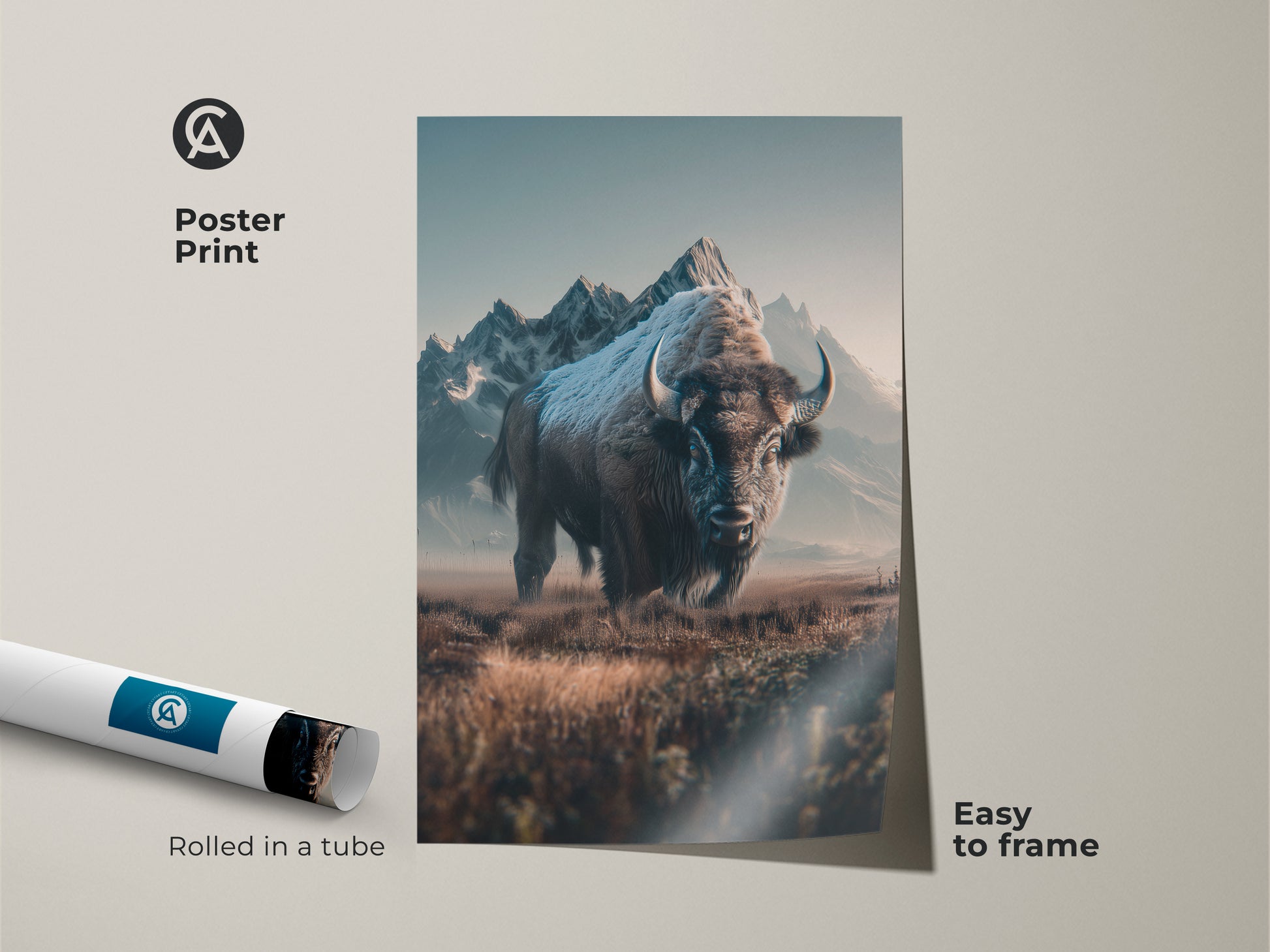 Poster print of a bison art piece. This museum-quality paper captures the stunning landscape art. Rolled in a tube for easy framing this bison poster brings a touch of wildlife to your walls.