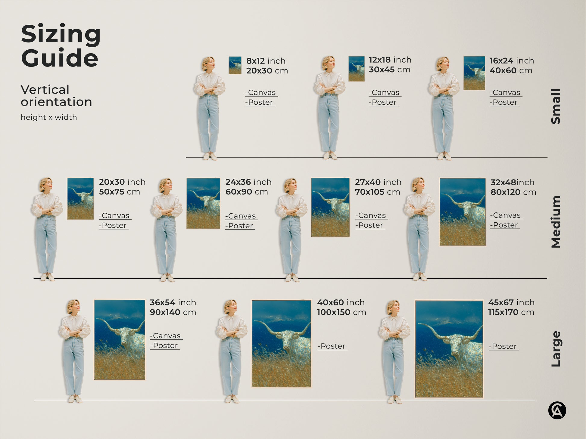 Visualize the White Longhorn art in various sizes. This sizing guide helps you choose the perfect fit for your space. Available as canvas or poster in sizes from small to large. Transform your walls with this stunning longhorn artwork.