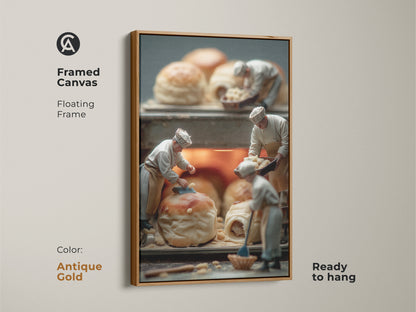 Framed canvas art print of miniature chefs making pastries. The artwork has an antique gold floating frame adding elegance. This framed art is ready to hang. It is a perfect addition to your art collection. A classic touch for any room.