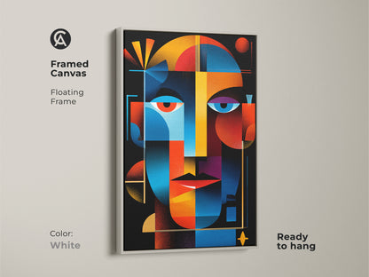 Framed canvas art featuring an abstract face. This wall art has a floating white frame. The colorful geometric artwork is ready to hang. A clean modern look for any room.