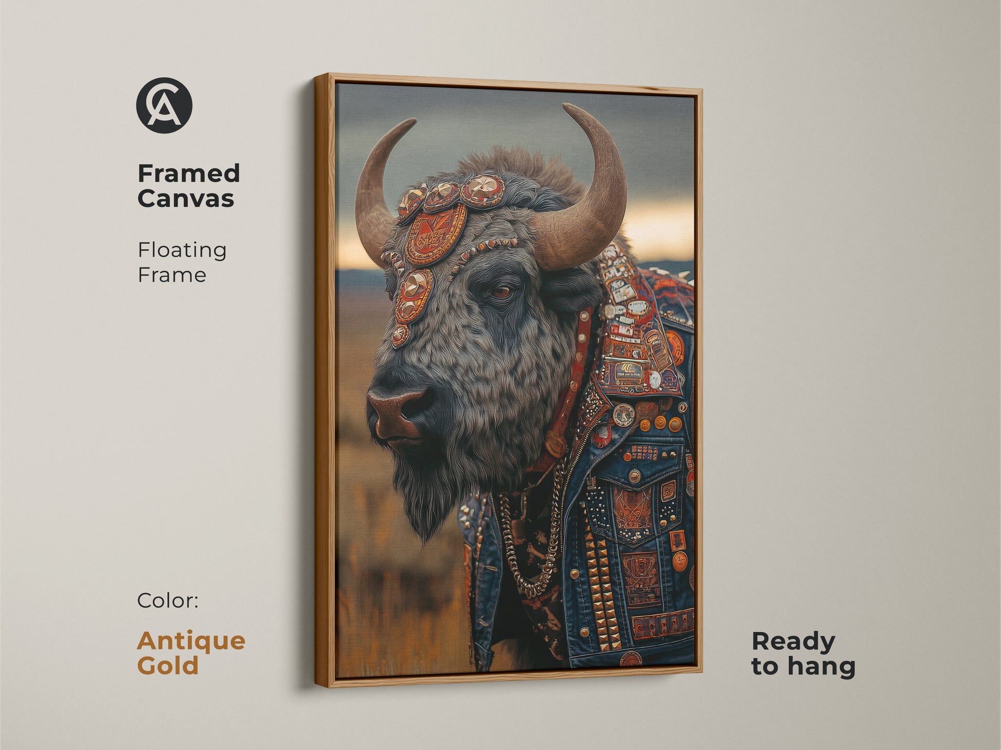 A framed canvas presents a bison with leather jacket. It has a floating frame in antique gold. This punk rock wall art is ready to hang. The tattoo style portrait suits a man cave or home office. This is an eclectic piece of artwork.