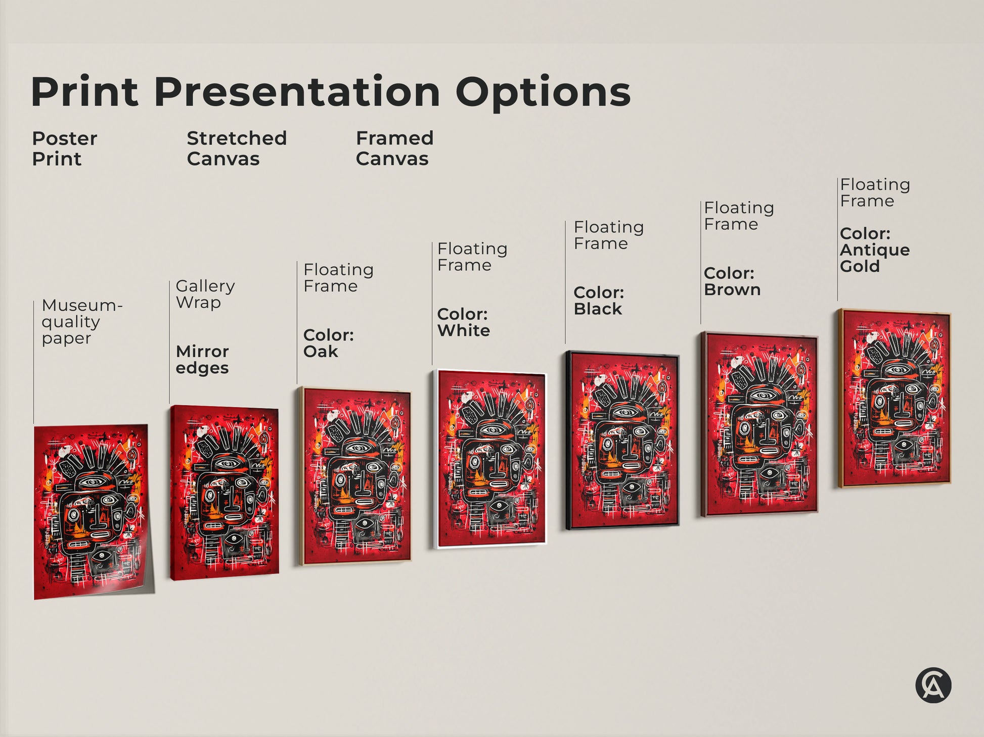A print presentation option showcasing poster prints stretched canvas and framed canvas. Each features an abstract face artwork with a red background. Floating frame options include black brown antique gold and white