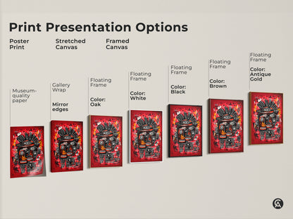 A print presentation option showcasing poster prints stretched canvas and framed canvas. Each features an abstract face artwork with a red background. Floating frame options include black brown antique gold and white